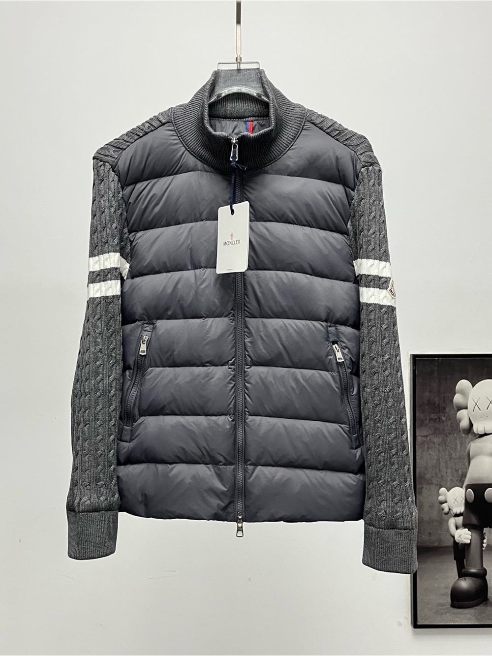 Moncler Gray Quilted Down Jacket with Knit Sleeves and White Stripes